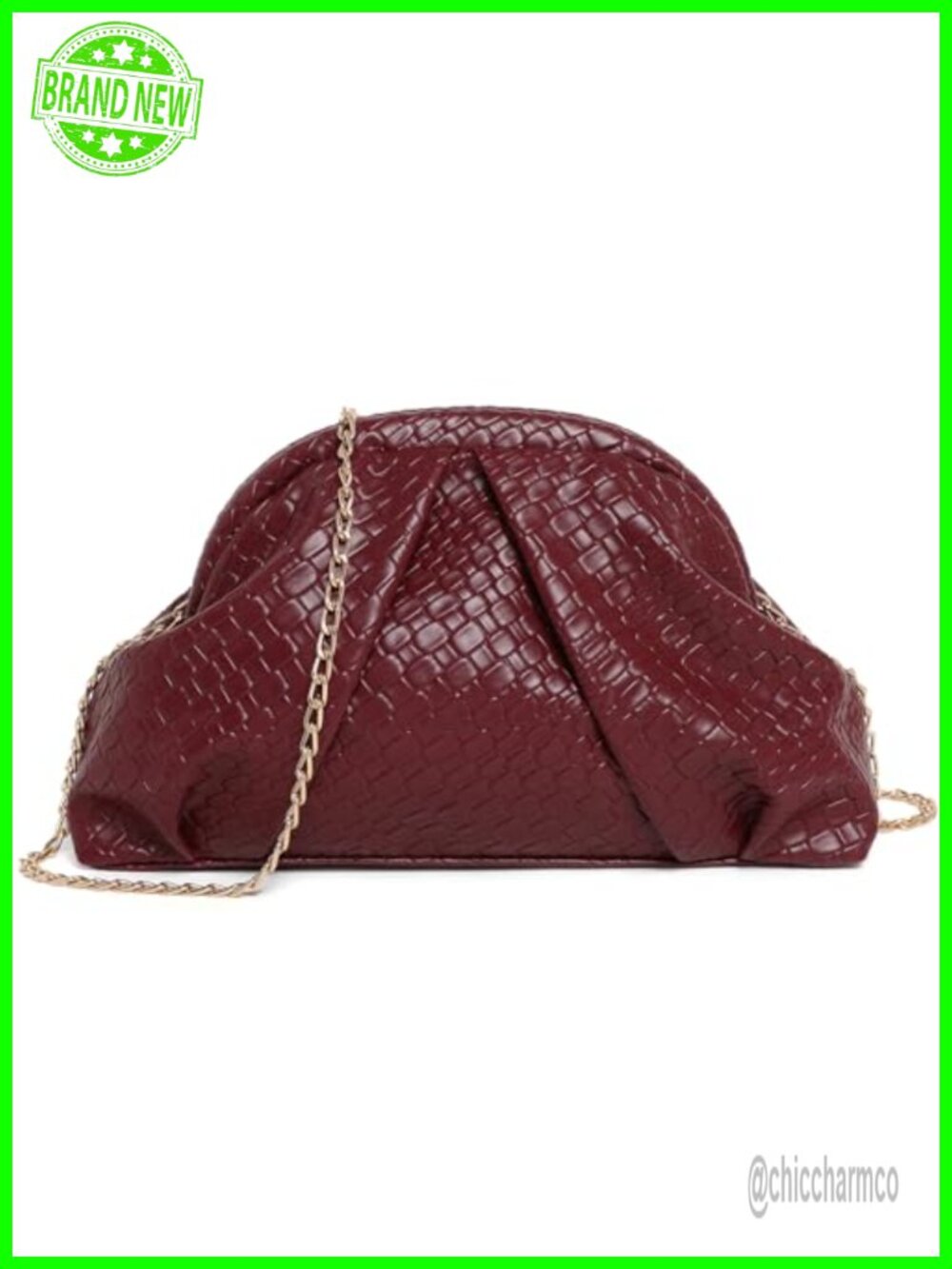 Leather Kiss Lock Ruched Dumpling Clutch Evening Bag with Gold Chain